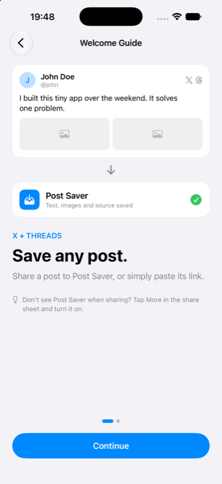 Post Saver welcome guide showing a shared post saved with its text, images and source.